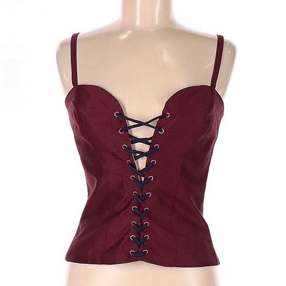 STAUD Lace Up Corset Style Silk Tank Top In Burgundy/Maroon Size M - Picture 7 of 10